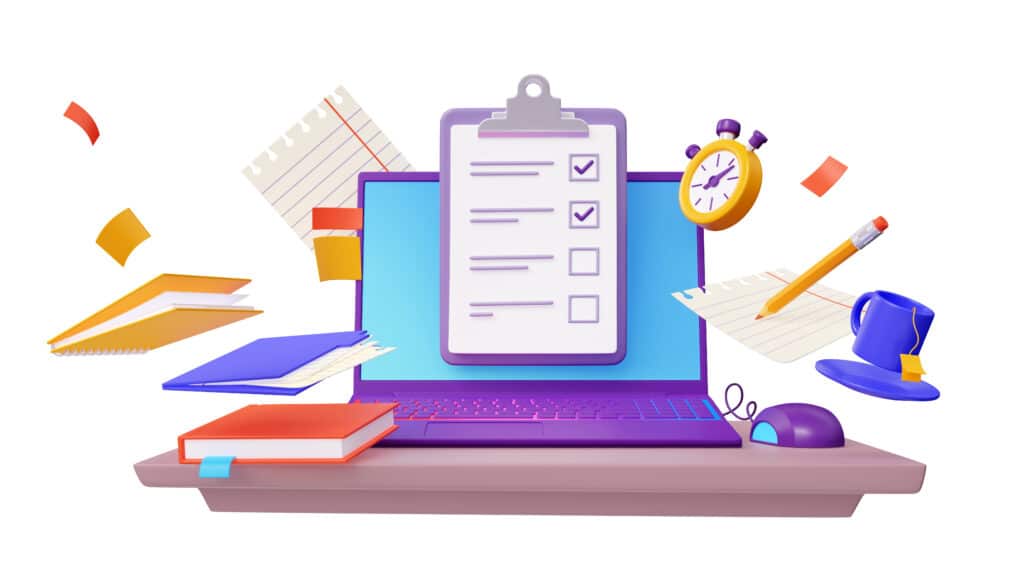 online survey 3d render laptop form with ticks